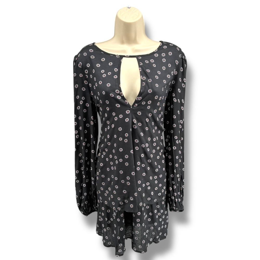 Free People Black Floral Long Sleeve Swing‎ Mini Dress Size S Boho